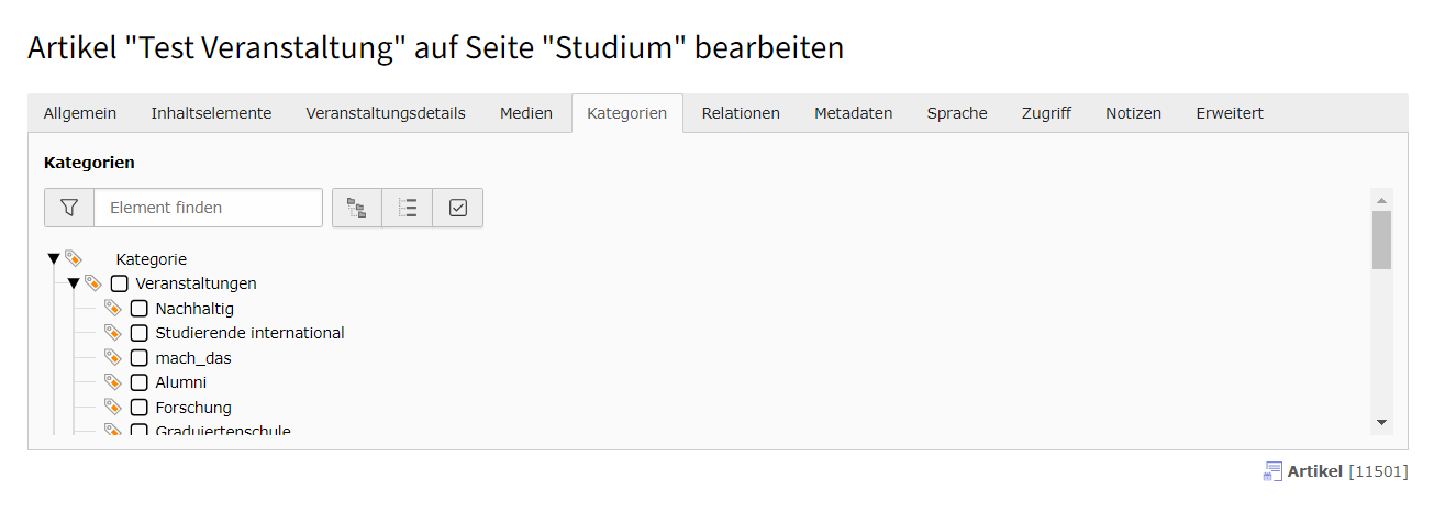 Kategorieren - hier können Kategorien der News/ Veranstaltung angefügt werden.