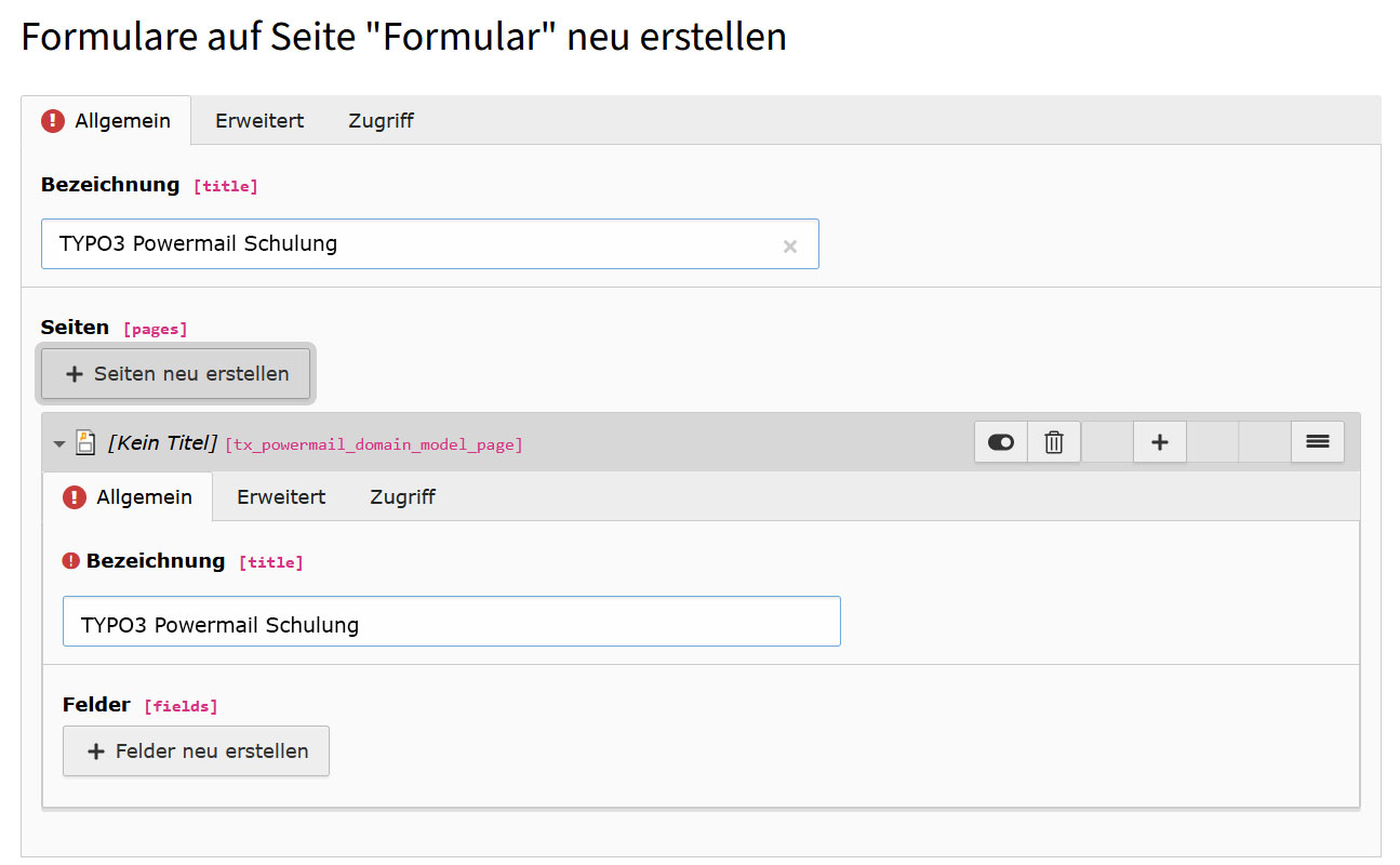 Seiten Element des Formular