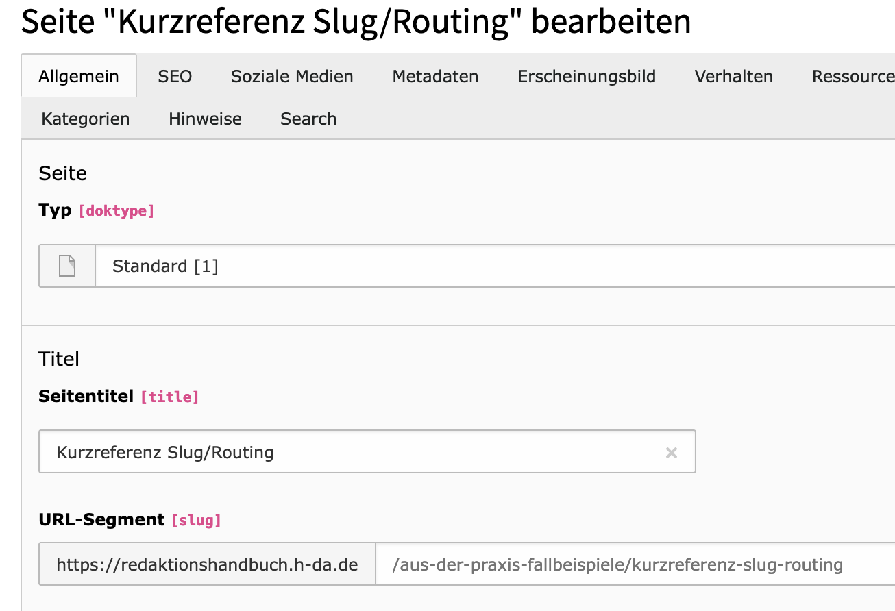 Tab allgemein Slug