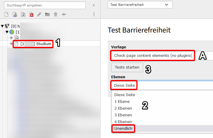 Das Anstoßen eines Überprüfprozesses wird dargestellt. Hierbei wird eine Seite ausgewählt und dann die Ebenentiefe spezifiziert.